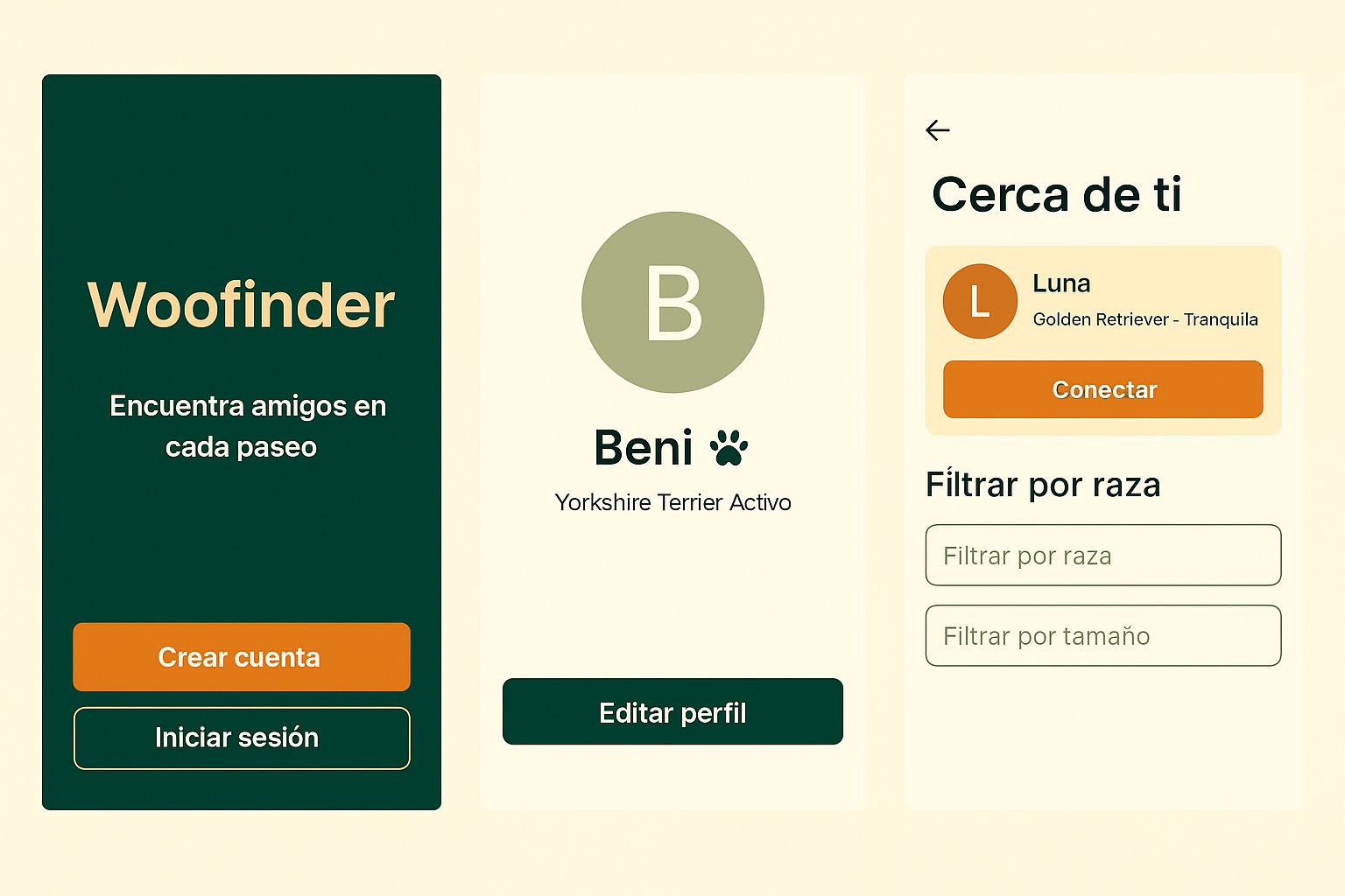 Vista de la app WoofFinder con mapa y perfiles